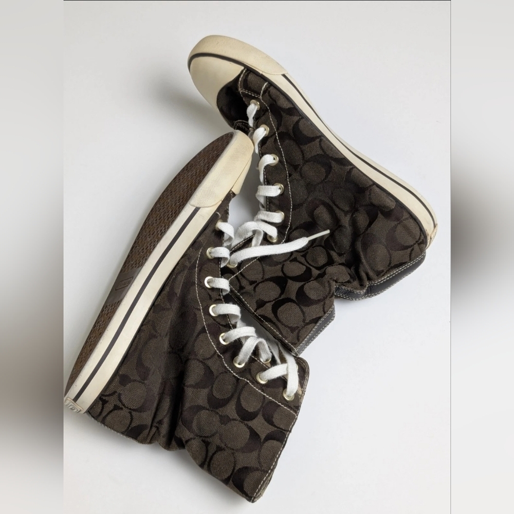 Coach Bonney Dark Brown Canvas Lace-Up High Top Sneakers Tennis Shoes Size 5